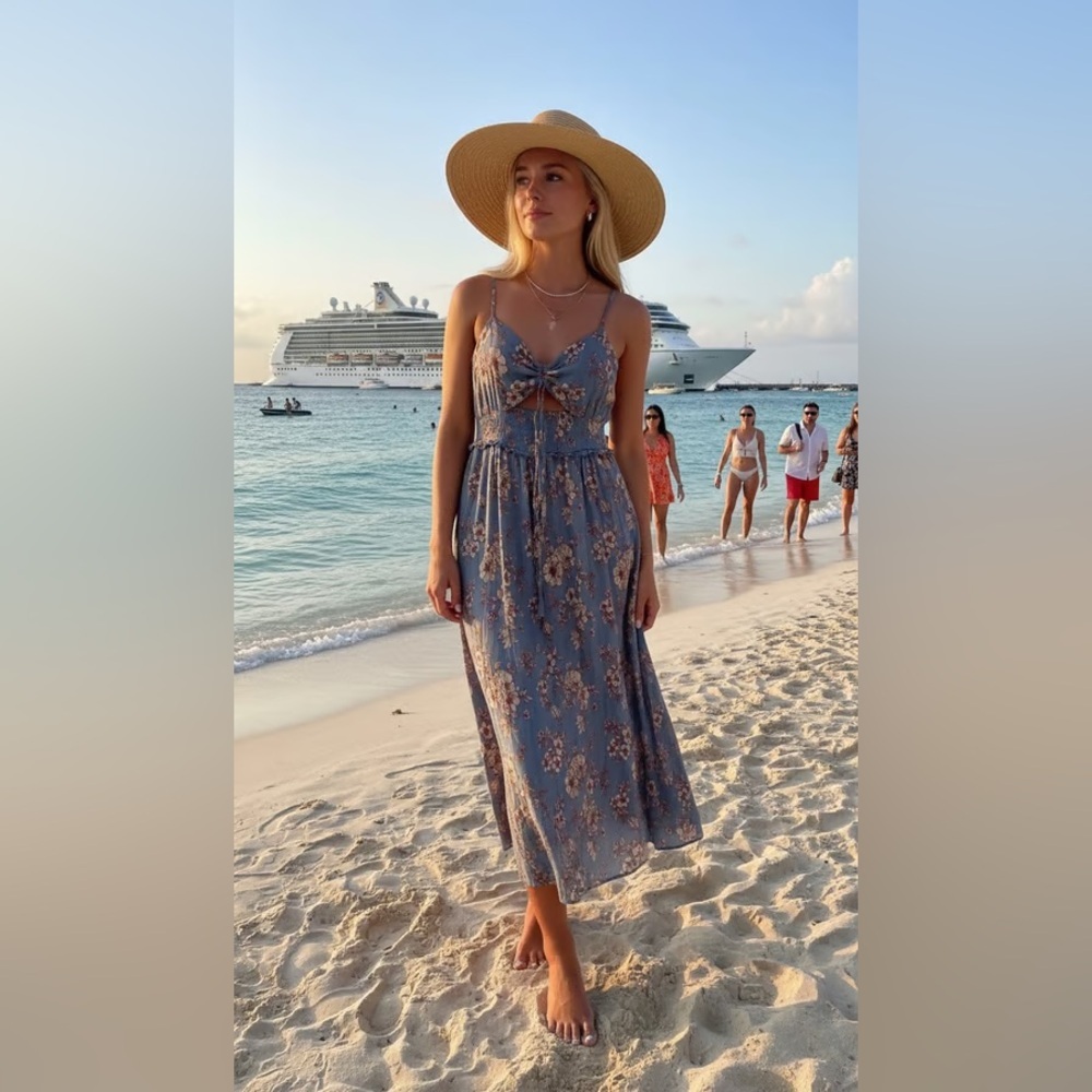 Arden B blue floral midi dress with keyhole opening S